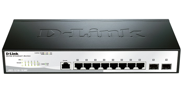 Коммутатор D-Link Managed L2 Metro Ethernet Switch 8x1000Base-T, 2x1000Base-X SFP, Surge 6KV, CLI, RJ45 Console, RPS