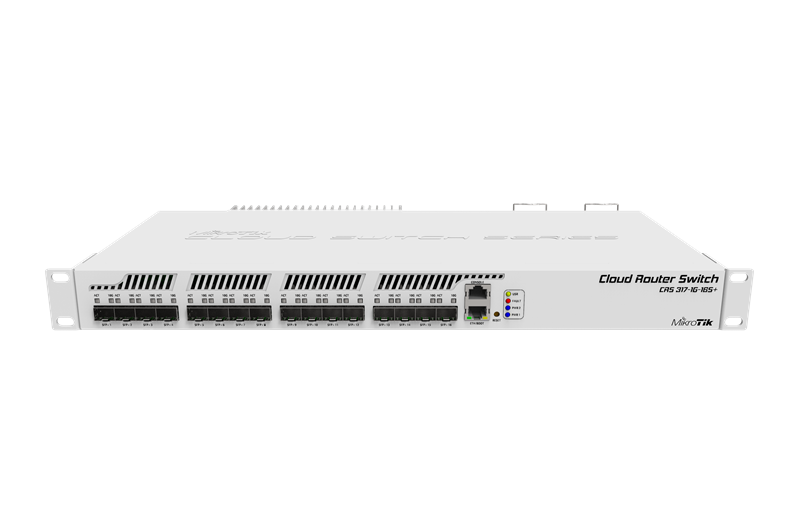 Коммутатор MikroTik Cloud Router Switch 317-1G-16S+RM with 800MHz CPU, 1GB RAM, 1xGigabit LAN, 16xSFP+ cages, RouterOS L6 or SwitchOS (dual boot), passive cooling 1U rackmount enclosure, Dual redundant PSU