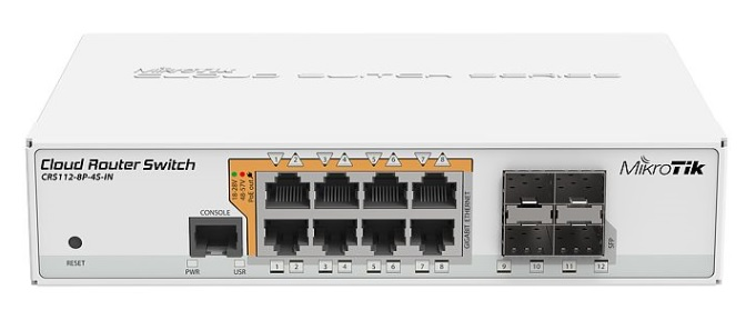 Коммутатор MikroTik Cloud Router Switch 112-8P-4S-IN with QCA8511 400Mhz CPU, 128MB RAM, 8xGigabit LAN with PoE-out, 4xSFP, RouterOS L5, desktop case, PSU