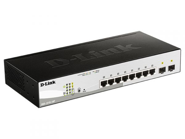 Коммутатор D-Link Managed L2 Switch 8x1000Base-T PoE, 2x1000Base-X SFP, PoE Budget 65W, Surge 6KV, CLI