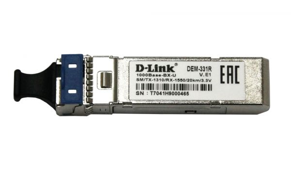 Модуль D-Link WDM SFP Transceiver, 1000Base-BX-U, Simplex LC, TX: 1310nm, RX: 1550nm, Single-mode, 20KM