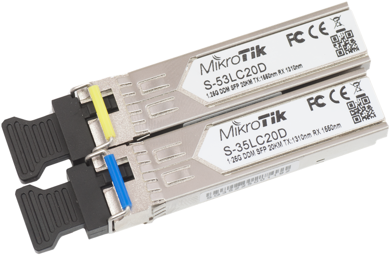 Трансивер MikroTik Pair of SFP modules, S-35LC20D (1.25G SM 20km T1310nm/R1550nm, Single LC-connector) + S-53LC20D (1.25G SM 20km T1550nm/R1310nm, Single LC-connector)