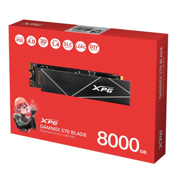 Твердотельный накопитель ADATA GAMMIX S70 BLADE M.2 2280 NVMe PCIe 4.0 x4 8TB 7300/6300 COLOR BOX SEPARATED