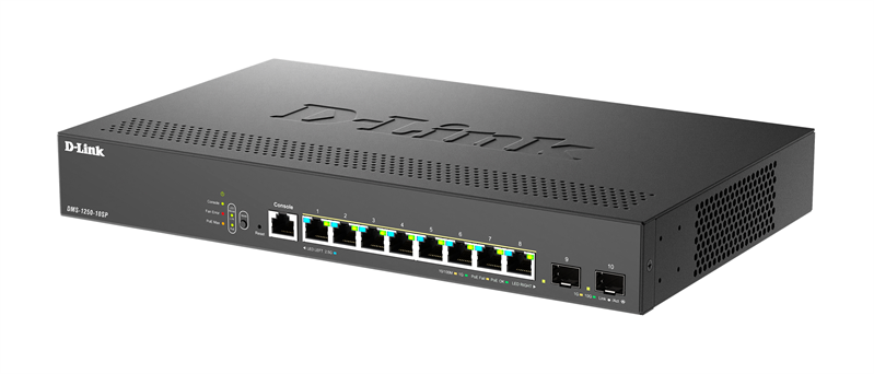 Коммутатор D-Link Управляемый L2 PoE-коммутатор, 8x2.5GBase-T PoE, 2x10GBase-X SFP+, PoE-бюджет 240 Вт, защита от статического электричества до 6 кВ, CLI, консольный порт RJ-45