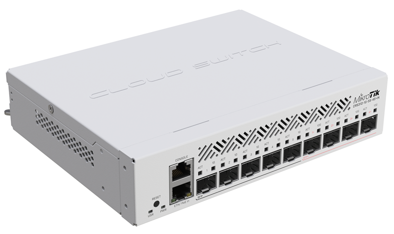 Коммутатор MikroTik Cloud Router Switch CRS310-1G-5S-4S+IN with 800 MHz CPU, 256 MB RAM, 4xSFP+, 5xSFP cages, 1xGBit LAN port, RouterOS L5, desktop case, rackmount ears, PSU