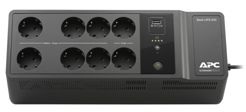 Источник бесперебойного питания для персональных компьютеров APC Back-UPS ES 650VA/400W, 230V, 8 Rus outlets (2 Surge & 6 batt.), USB, USB charge(type A), Data/DSL protection, 1 year warranty