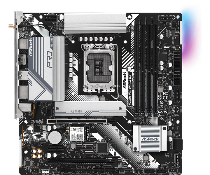 Материнская плата ASROCK B760M PRO RS/D4 WIFI, LGA1700, B760, 4*DDR4, 4*SATA, 2*M.2, 3*USB 3.2, 2*USB 2.0, Type-C, 2*PCIx16, 1*PCIx1, 1*M.2 (Key E), HDMI+DP, mATX