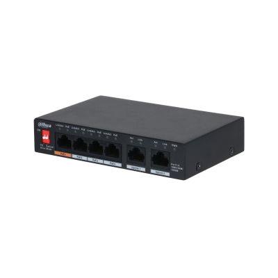 Коммутатор DAHUA 4-портовый неуправляемый коммутатор с РоЕ Порты: 4 RJ45 10/100/1000Мбит/с (PoE/PoE+/Hi-PoE), 2 RJ45 10/100/1000Мбит/с (uplink); мощность PoE: 1 до 60Вт, порты: 2~4 до 30Вт, суммарно до 60Вт; PoE