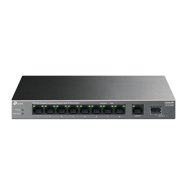 коммутатор TP-Link LS1210GP, 10-Port Gigabit Desktop Switch with 8-Port PoE+, 61 Вт, 250 m