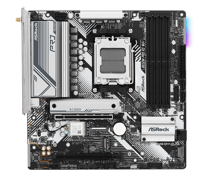 Материнская плата ASROCK B650M PRO RS WIFI, AM5, B650, 4*DDR5, 4*SATA, 3*M.2, 3*USB 3.2, 4*USB 2.0, Type-C, 2*PCIx16, 1*M.2 (Key E), HDMI+DP, mATX