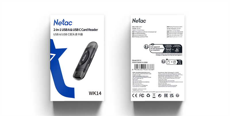 Кардридер Netac card reader WK14, USB3.0+Type-C to mSD/SD, Black (repl. NT09WK14-30BK) (незначительное повреждение коробки)