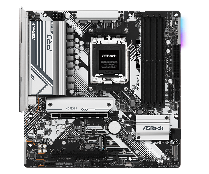 Материнская плата ASROCK B650M PRO RS, AM5, B650, 4*DDR5, 4*SATA, 3*M.2, 3*USB 3.2, 4*USB 2.0, Type-C, 2*PCIx16, 1*M.2 (Key E), HDMI+DP, mATX