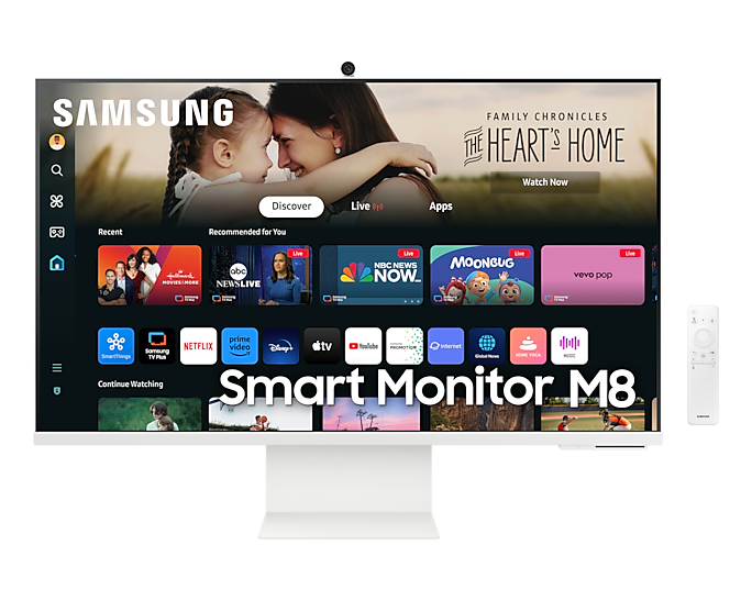 Монитор Samsung 32" Smart monitor M8 S32DM801UI VA 16:9 3840x2160x60Hz 4ms 400cd 3000:1 178/178 1млрд HDMI USB-C(65W) 2*USB 2.0 Spk10W Tizen HDR10+ sRGB 99% Tilt HAS Pivot Cam WiFi5 BT5.2 VESA White ПультДУ