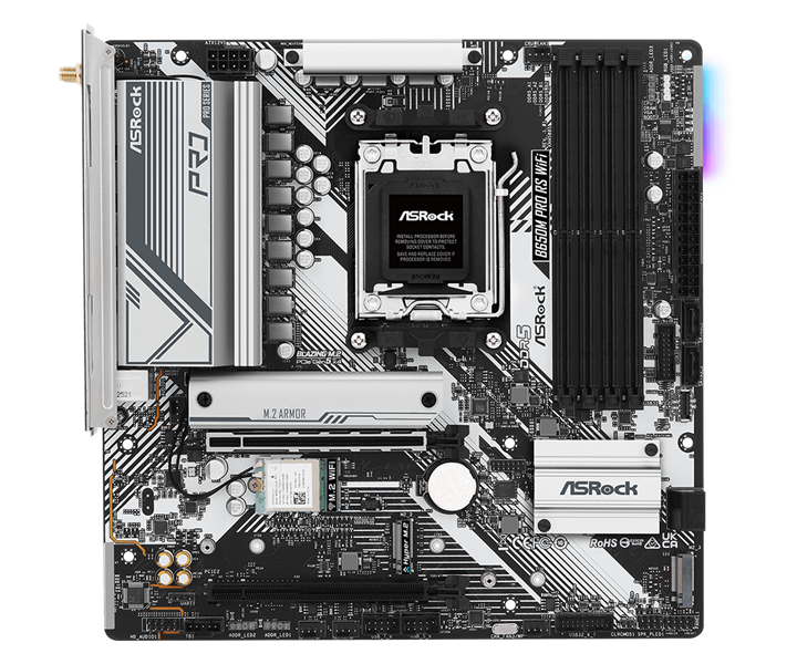 Материнская плата ASROCK B650M PRO RS WIFI, AM5, B650, 4*DDR5, 4*SATA, 3*M.2, 3*USB 3.2, 4*USB 2.0, Type-C, 2*PCIx16, 1*M.2 (Key E), HDMI+DP, mATX
