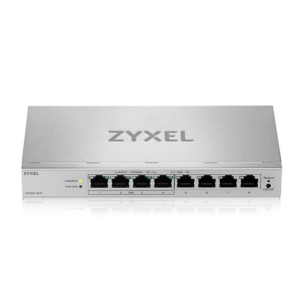 Коммутатор Web Smart L2 коммутатор Zyxel GS1200-8HPv3, 8xGE (4xPoE+), бюджет PoE 68 Вт, настольный, бесшумный