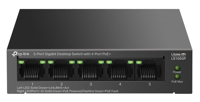 коммутатор TP-Link LS105GP, 5-Port Gigabit Desktop Switch with 5-Port PoE+, 65 W, 250m