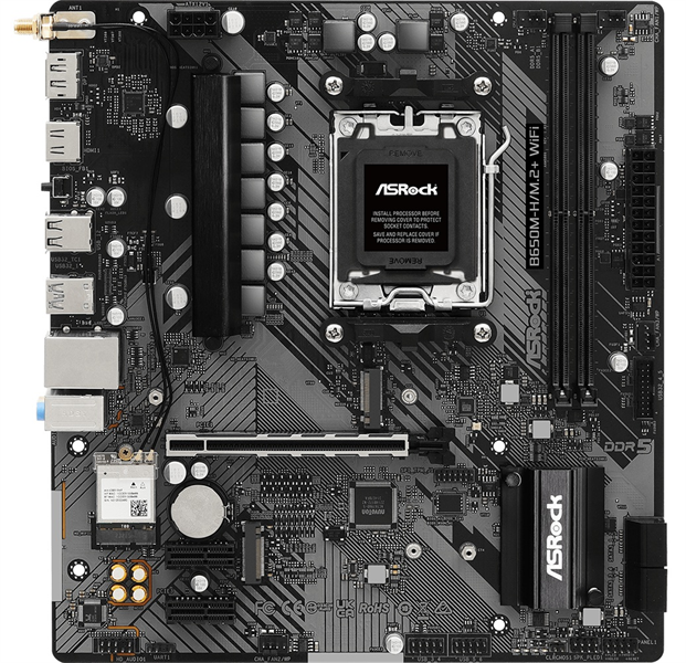 Материнская плата ASROCK B650M-H/M.2+WIFI, AM5, B650, 2*DDR5, 4*SATA, 2*M.2, 3*USB 3.2, 2*USB 2.0, Type-C, 1*PCIx16, 2*PCIx1, 1xM.2 (Key E), HDMI+DP, mATX