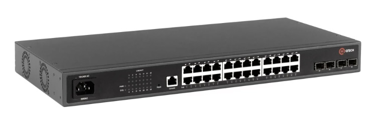 Коммутатор QTECH Управляемый коммутатор уровня L2+ с поддержкой PoE 802.3af/at, 24 порта 10/100/1000BASE-T PoE, 4 порта 100/1000BASE-X SFP, встроенный БП разъем питания на задней панели, 100-240В AC