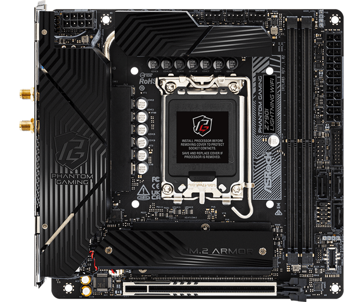 Материнская плата ASROCK Z790I LIGHTNING WIFI, LGA1700, Z790, 2*DDR5, 3*SATA, 2*M.2, 5*USB 3.2, Type-C, 1*PCIx16, 1xM.2 (Key E), HDMI+DP, mIATX