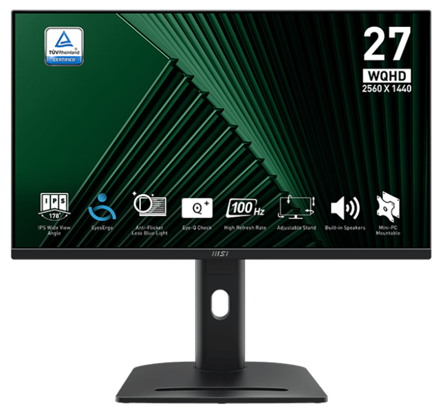 Монитор MSI PRO MP275QPG 27" 16:9 WQHD(2560x1440) IPS Flat,1ms(MPRT),1300:1,100M:1,300nit,178/178,2xHDMI 2.0,DP 1.2,Speaker,Tilt,Swivel,Height,Pivot,VESA,100Hz,Black,1y war-ty