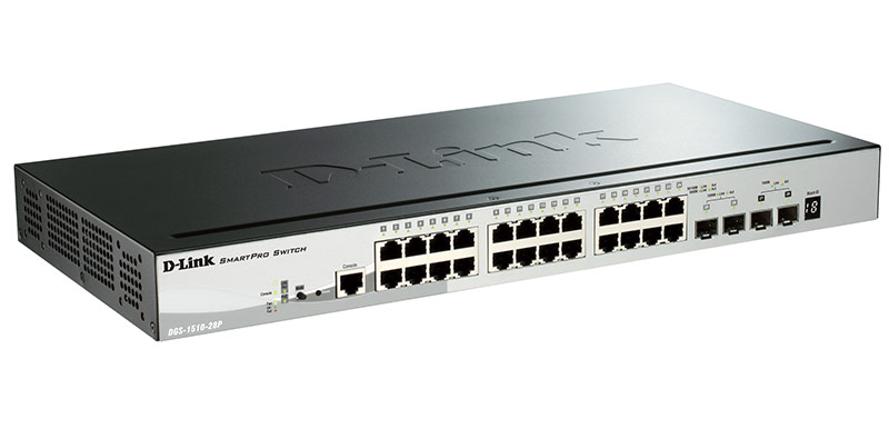 Коммутатор D-Link DGS-1510-28P/A1A, PROJ L2+ Smart Switch with 24 10/100/1000Base-T ports and 2 1000Base-X SFP ports and 2 10GBase-X SFP+ ports (24 PoE ports 802.3af/802.3at (30 W), PoE Budget 193W).16K Mac add