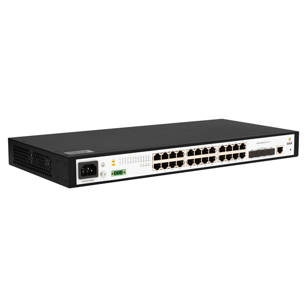Коммутатор SNR Управляемый коммутатор уровня 2+, 24 порта 10/100/1000Base-T, 4 порта 1/10G SFP+, встроенный БП ~220V AC, разъем для АКБ 12V с возможностью заряда