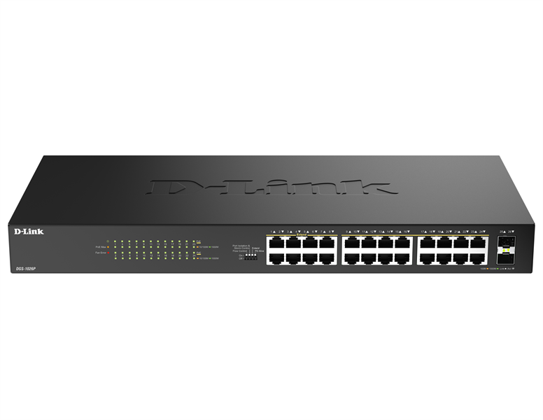 Коммутатор D-Link Конфигурируемый PoE-коммутатор, 24x1000Base-T PoE, 2x1000Base-X SFP, PoE-бюджет 240 Вт, дальность PoE до 250 м, DIP-переключатель, корпус металл