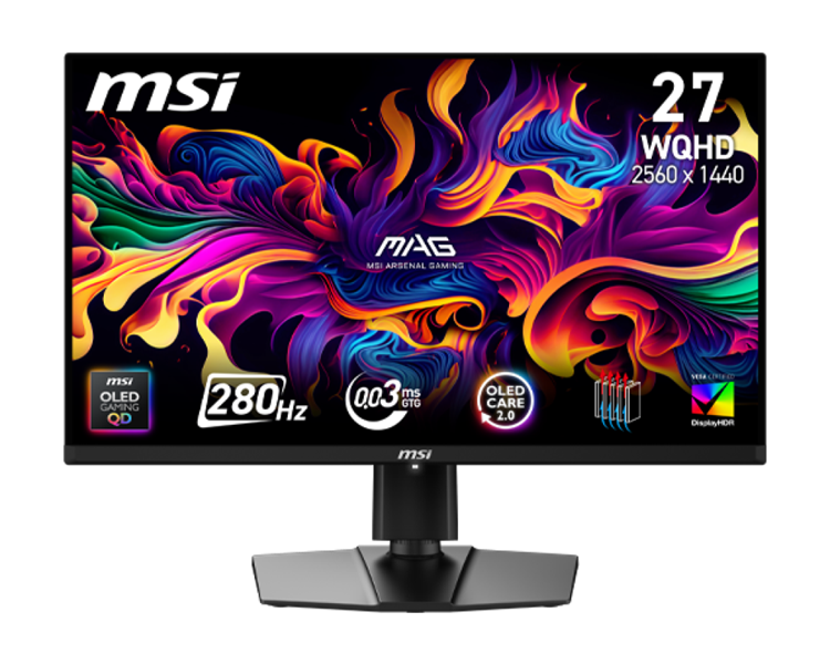 Монитор MSI MAG 271QP QD-OLED X28 26,5" 16:9 WQHD(2560x1440) QD-OLED Flat,True Black 400, 0.03ms(GTG), 1,5M:1, HDR Brightness 1000nits, 2xHDMI, DP, Type-C, Tilt,Swivel,Height,Pivot,VESA,280Hz,Black,1y w-ty
