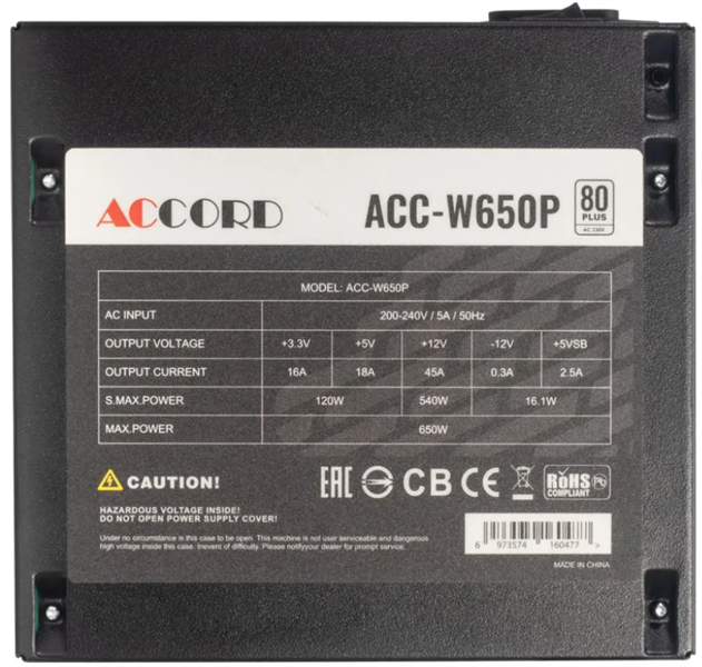 блок питания Accord ATX 650W ACC-W650P 80+ white (20+4pin) 120mm fan 6xSATA RTL