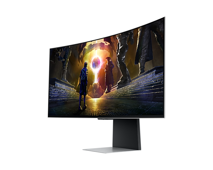 Монитор Samsung 34" Odyssey OLED G8 G85SD S34DG852SI Curved OLED 21:9 3440x1440x175Hz 0,03ms 1M:1 250cd 1,07B 178/178 DP; HDMIx2 USB3.0x2 Smart TV Spk 10вт Tilt HAS Pivot БП внешн VESA Silver