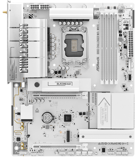 Материнская плата ASROCK B860 Challenger WiFi White, LGA1851, B860, 4*DDR5, 4*SATA, 4*M.2, 4*USB 3.2, 2*USB 2.0, Type-C, 2*PCIx16, 1*M.2 (Key E), HDMI, ATX