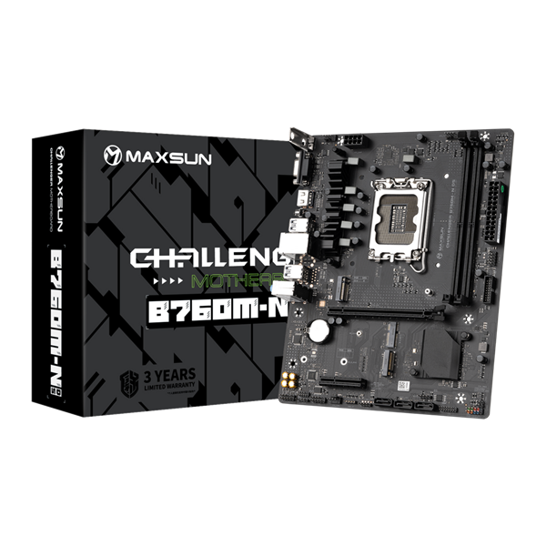 Материнская плата MAXSUN MS-Challenger B760M-N D5, LGA1700, B760, 2*DDR5, 3*SATA3, 2*M.2, 2*USB 3.2, 4*USB 2.0, 1*PCIEx16, 1*PCIEx4, VGA+HDMI, mATX