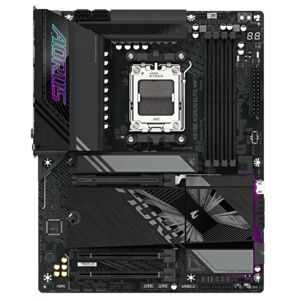 Материнская плата GIGABYTE X870E AORUS ELITE WIFI7, AM5, X870, 4*DDR5, 4*SATA, 4*M.2, 7*USB 3.2, 2*USB 2.0, 2*Type-C, 3*PCIx16, HDMI, ATX