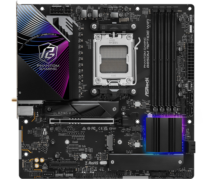 Материнская плата ASROCK B850M RIPTIDE WIFI, AM5, B850, 4*DDR5, 4*SATA, 3*M.2, 4*USB 2.0, 3*USB 3.2, Type-C, 2*PCIx16, 1*M.2 (Key E), HDMI+DP, mATX