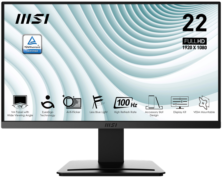 MSI PRO MP223 E2 21.5" 16:9 FHD(1920x1080) VA Flat,1ms(MPRT),3000:1,100M:1,250nit,178/178,HDMI 1.4b,DP 1.2a,Tilt,VESA,100Hz,Black,1y war-ty