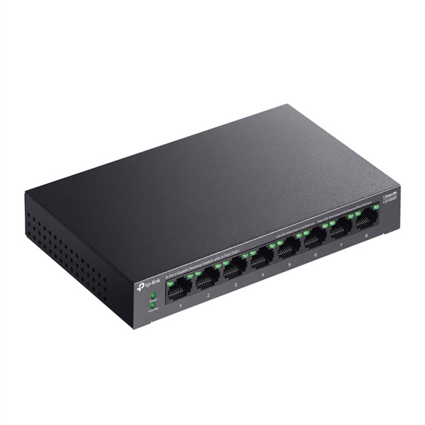 коммутатор TP-Link LS108GP, 8-Port Gigabit Desktop Switch with 8-Port PoE+, 62 W, 250m
