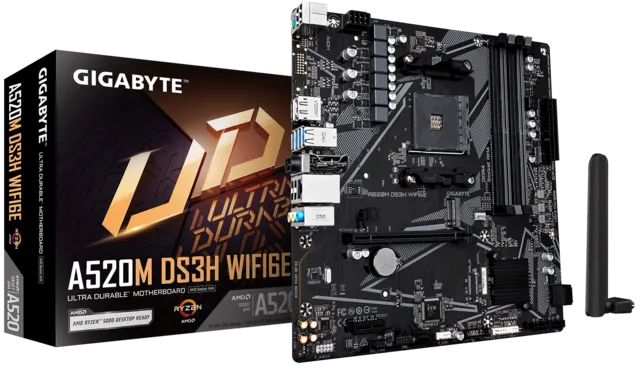 Материнская плата GIGABYTE A520M DS3H WF6E, AM4, A520, 4*DDR4, 4*SATA, 1*M.2, 4*USB 3.2, 2*USB 2.0, 1*PCIx16, 1*PCIx1, DP+HDMI, mATX
