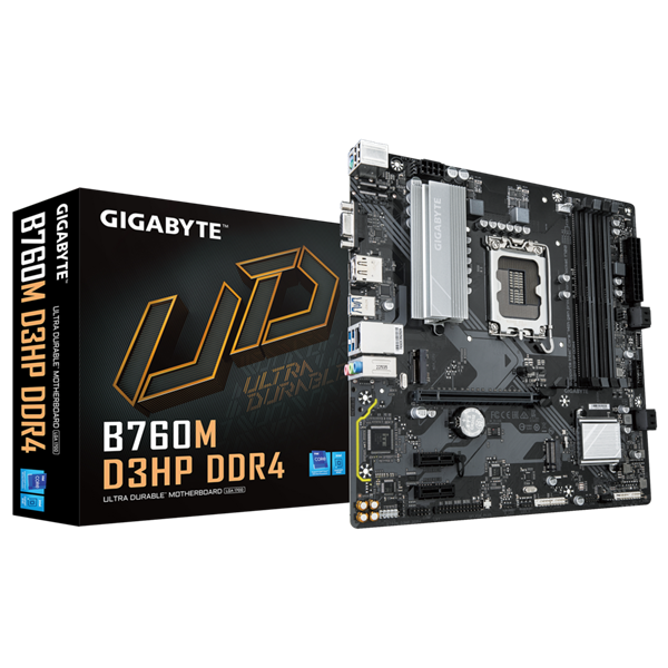 Материнская плата GIGABYTE B760M D3HP DDR4, LGA1700, B760, 4*DDR4, 4*SATA, 2*M.2, 3*USB 3.2, 2*USB 2.0, 1*PCIx16, 2*PCIx1, D-Sub+HDMI+DP, mATX