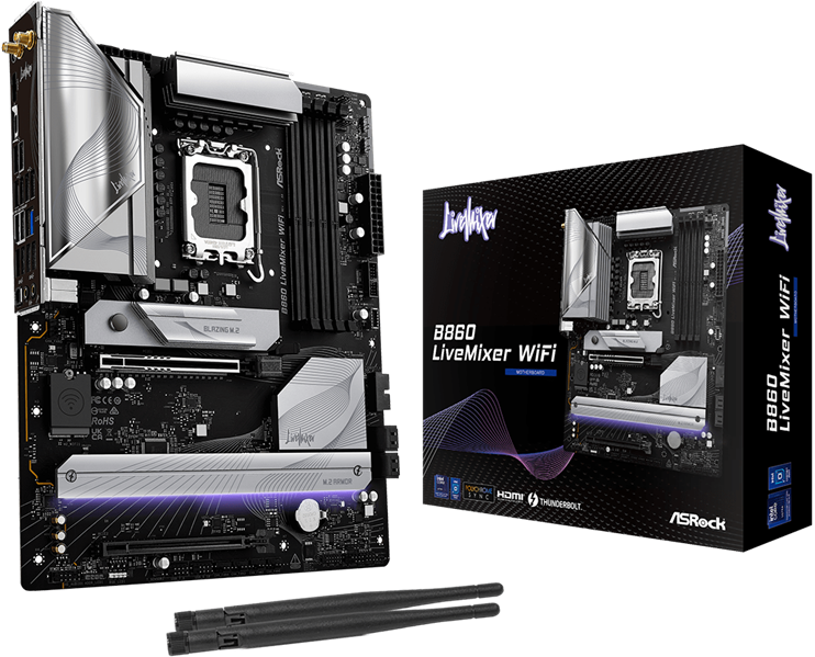 Материнская плата ASROCK B860 LIVEMIXER WIFI, LGA1851, B860, 4*DDR5, 4*SATA, 3*M.2, 6*USB 3.2, 6*USB 2.0, Type-C, 2*PCIx16, 1*M.2 (Key E), HDMI, ATX