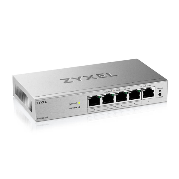 Коммутатор Web Smart L2 коммутатор Zyxel GS1200-5HPv3, 5xGE (4xPoE+), бюджет PoE 68 Вт, настольный, бесшумный