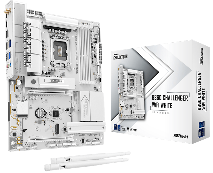 Материнская плата ASROCK B860 Challenger WiFi White, LGA1851, B860, 4*DDR5, 4*SATA, 4*M.2, 4*USB 3.2, 2*USB 2.0, Type-C, 2*PCIx16, 1*M.2 (Key E), HDMI, ATX