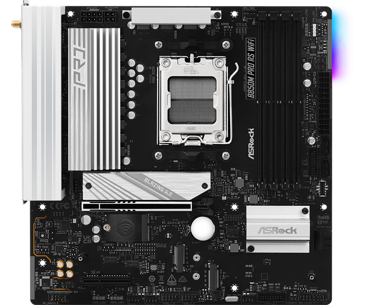 Материнская плата ASROCK B850M PRO RS WIFI, AM5, B850, 4*DDR5, 4*SATA, 3*M.2, 4*USB 2.0, 3*USB 3.2, Type-C, 2*PCIx16, 1*M.2 (Key E), HDMI+DP, mATX