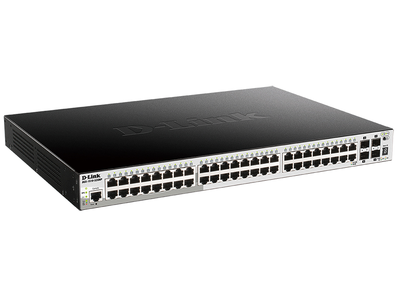 Коммутатор D-Link PROJ Настраиваемый L2+ стекируемый PoE-коммутатор, 48x1000Base-T PoE, 4x10GBase-X SFP+, PoE-бюджет 370 Вт (740 Вт с DPS-700), CLI, консольный порт RJ-45, RPS