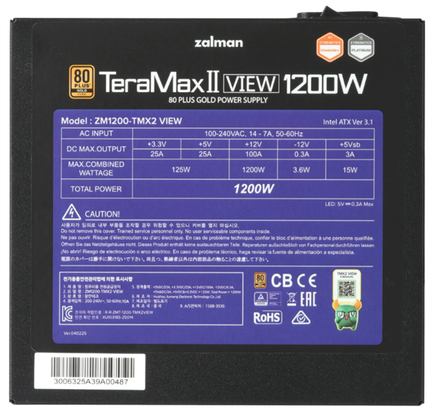 Блок питания Zalman ZM1200-TMX2 VIEW, 1200W, ATX12V v3.0, APFC, 12cm Fan, 80+ Gold Gen5, Full Modular, side ARGB lights, Retail
