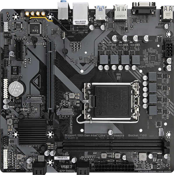 Материнская плата GIGABYTE B760M E, LGA1700, B760, 2*DDR5, 4*SATA, 2*M.2, 4*USB 3.2, 2*USB 2.0, 1*PCIx16, 1*PCIx1, HDMI+DP, mATX