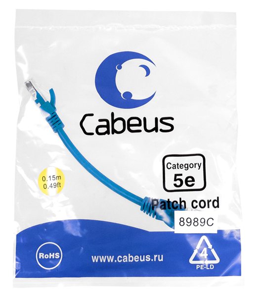 Патч-корд Cabeus PC-UTP-RJ45-Cat.5e-0.15m-BL Патч-корд U/UTP, категория 5е, 2xRJ45/8p8c, неэкранированный, синий, PVC, 0.15м