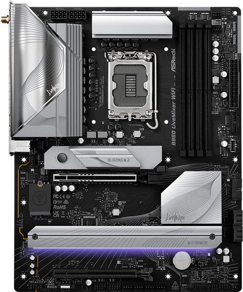 Материнская плата ASROCK B860 LIVEMIXER WIFI, LGA1851, B860, 4*DDR5, 4*SATA, 3*M.2, 6*USB 3.2, 6*USB 2.0, Type-C, 2*PCIx16, 1*M.2 (Key E), HDMI, ATX