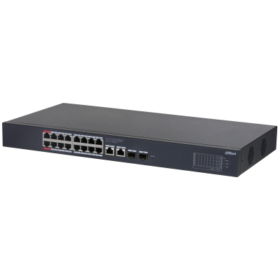Коммутатор DAHUA 16-портовый гигабитный PoE коммутатор с функцией облачного управления Порты: 16 RJ45 10/100/1000Мбит/с (PoE/PoE+/Hi-PoE), 2 RJ45 10/100/1000Мбит/с (uplink), 2 SFP 1000Мбит/с (uplink); мощность