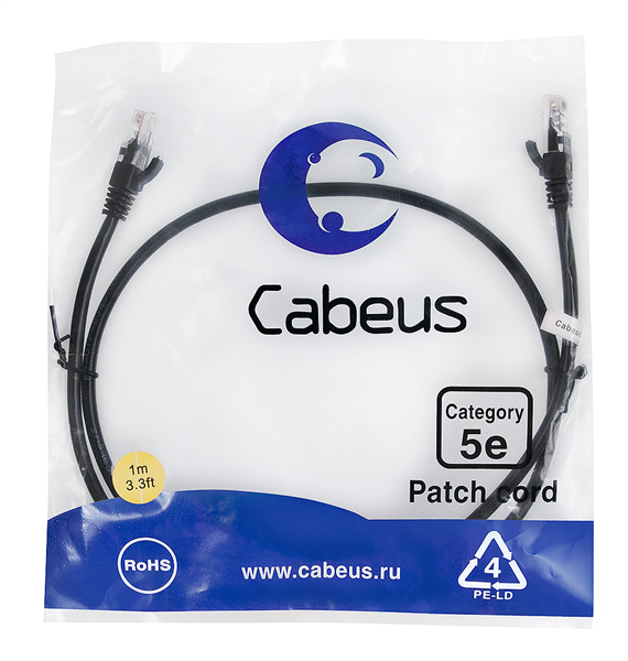 Патч-корд Cabeus PC-UTP-RJ45-Cat.5e-1m-BK Патч-корд U/UTP, категория 5е, 2xRJ45/8p8c, неэкранированный, черный, PVC, 1м