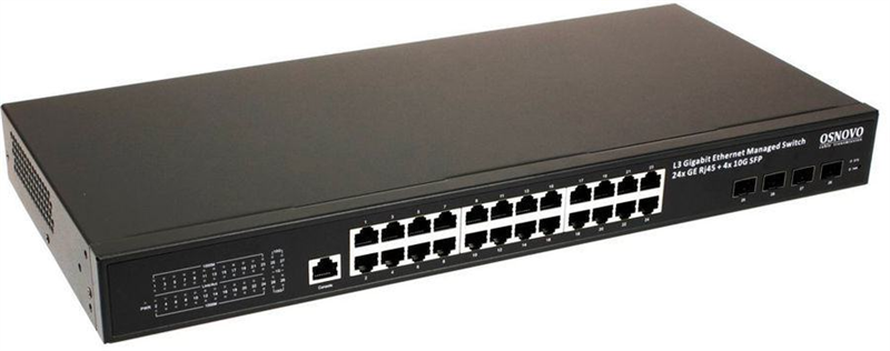 Коммутатор Gigabit Ethernet OSNOVO SW-24G4X-L2 Управляемый L2+ коммутатор Gigabit Ethernet на 28 портов. Порты: 24 x GE (10/100/1000Base-T) + 4 x 1G/10G SFP+ Uplink. Консольный порт, Уровень управления L2+. Поддержка Jumbo Frame